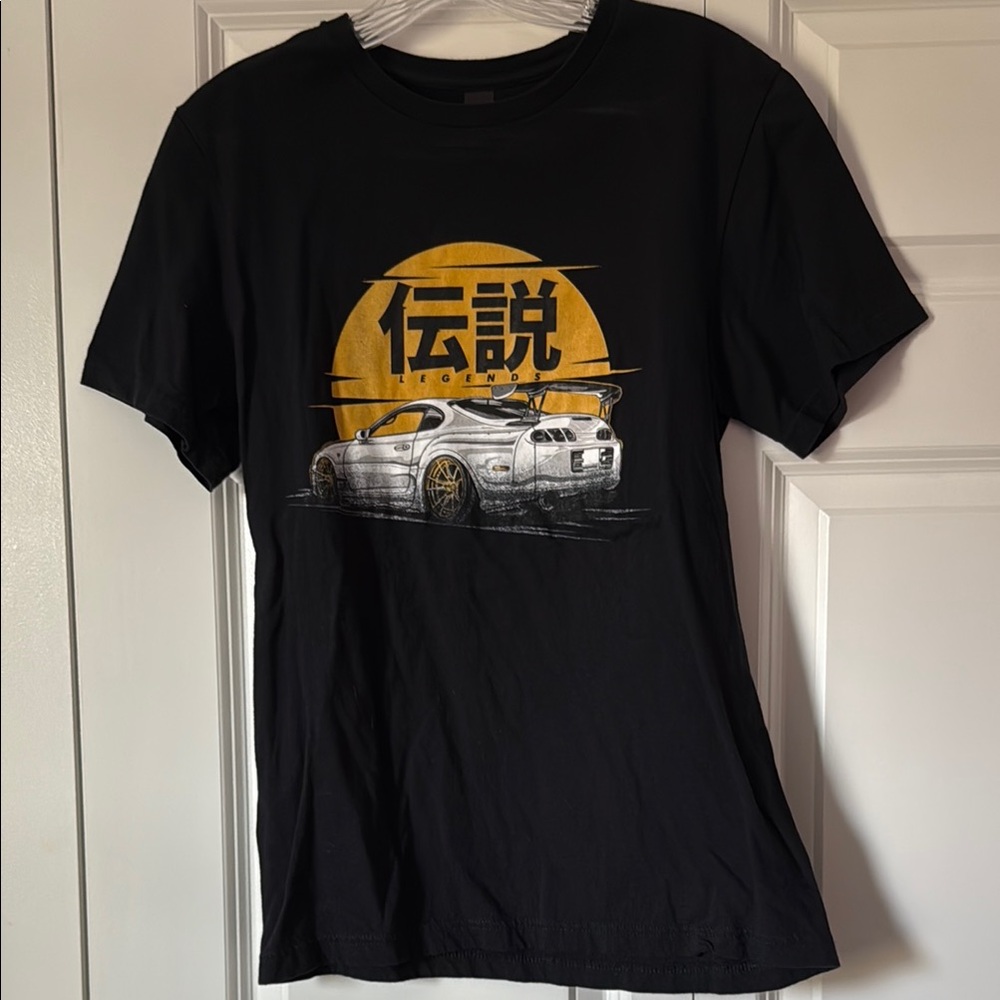 Black T-Shirt with Car Graphic and Yellow Accents